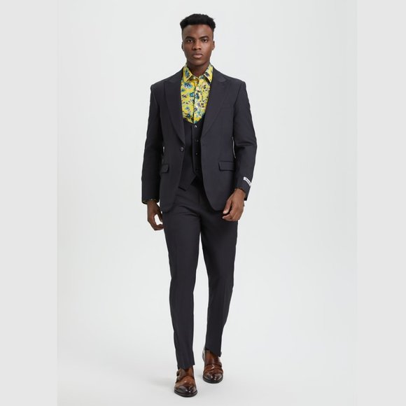 Stacy Adams Solid 3pc Men's Suit w/ U-Neck Vest, Dark Charcoal - Picture 5 of 5